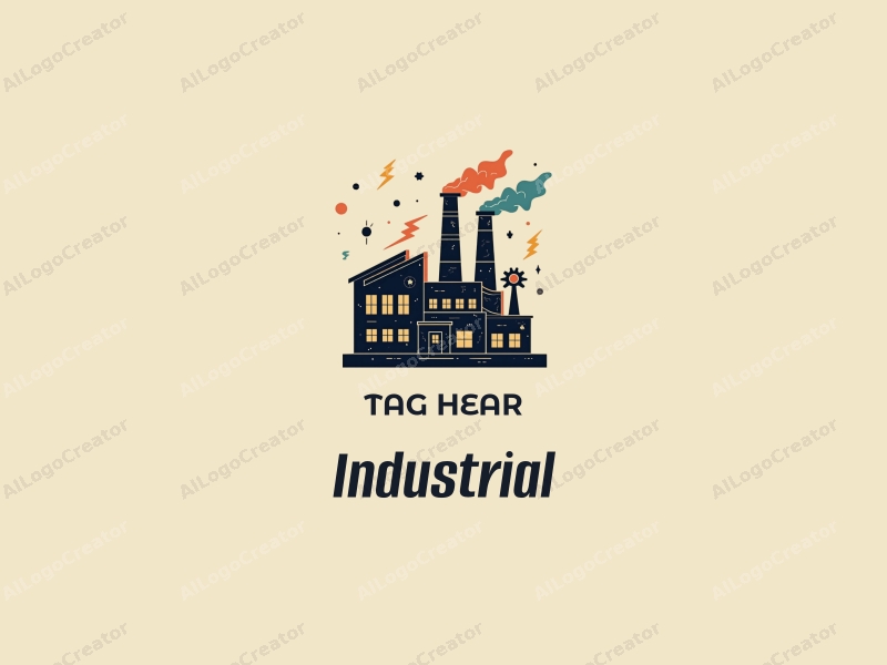 modern design features a stylized factory silhouette, intricate machinery elements, lightning motifs, and network patterns combined with a clean background.