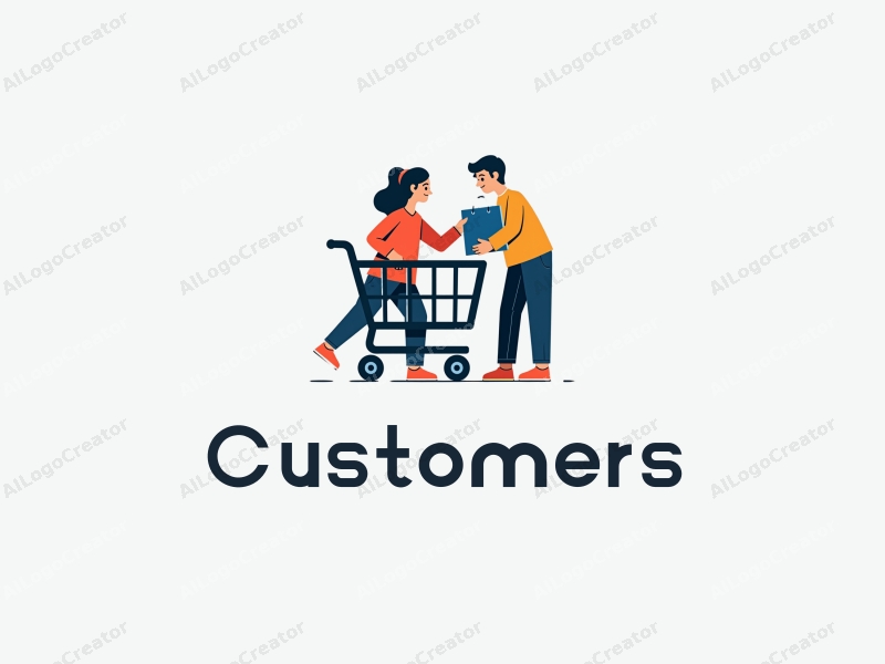 a modern design featuring a stylized customer and shopper interacting with a shopping cart and shopping bag, combined with a clean background.