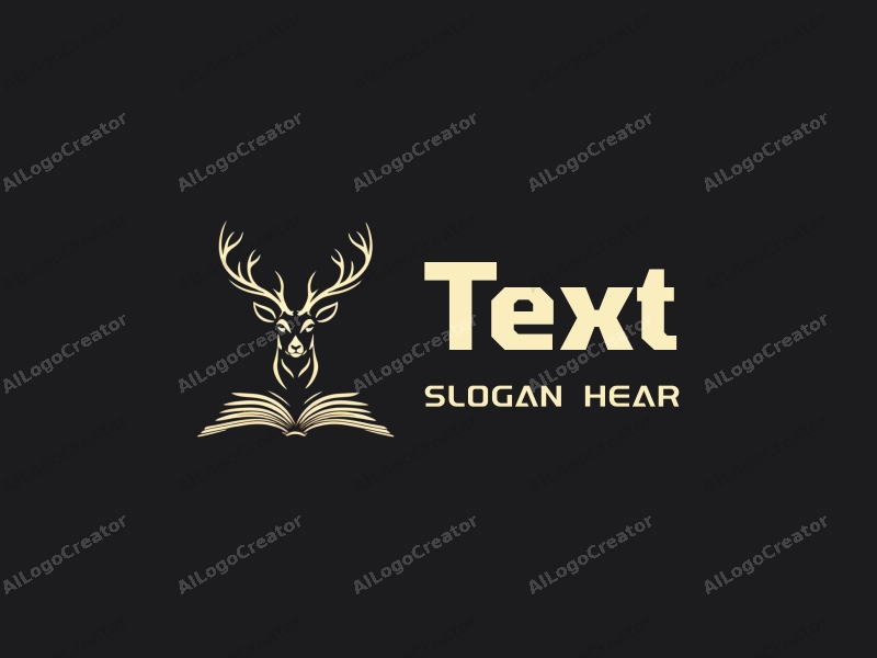 modern design features a stylized deer intertwined with open books, incorporating elegant typography and a clean black background.