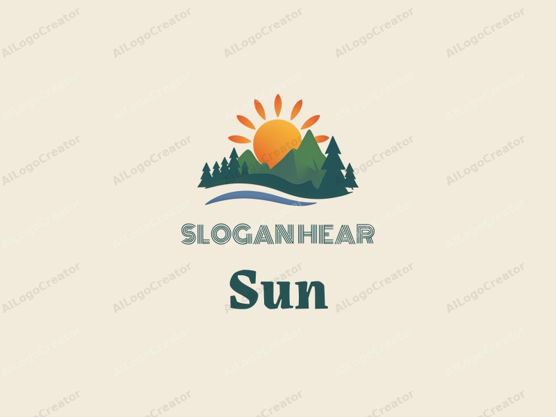 playful design features a bright sun radiating light, stylized trees and mountains, combined with a clean background.