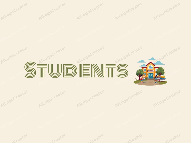 playful design features stylized students and a school building, surrounded by colorful books and trees, combined with a clean background.