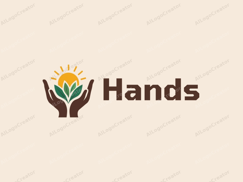 a modern design featuring a stylized hand gently holding sunlight and green plants, with a clean background and a focus on harmony and simplicity.