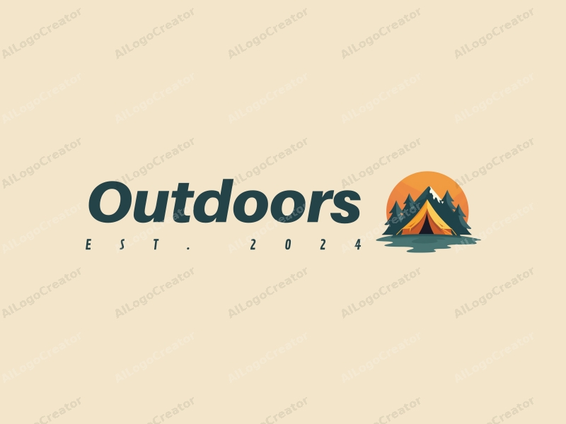 modern design features a stylized camping tent and mountain peak, combined with a clean background and a harmonious composition.