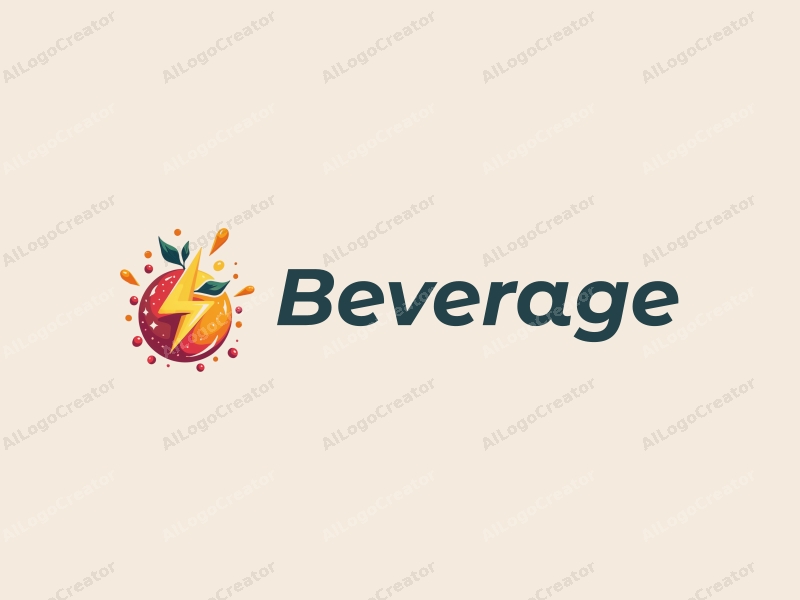 a modern minimalist design featuring vibrant juice splashes, a stylized lightning bolt, and abstract beverage elements combined with a clean background.