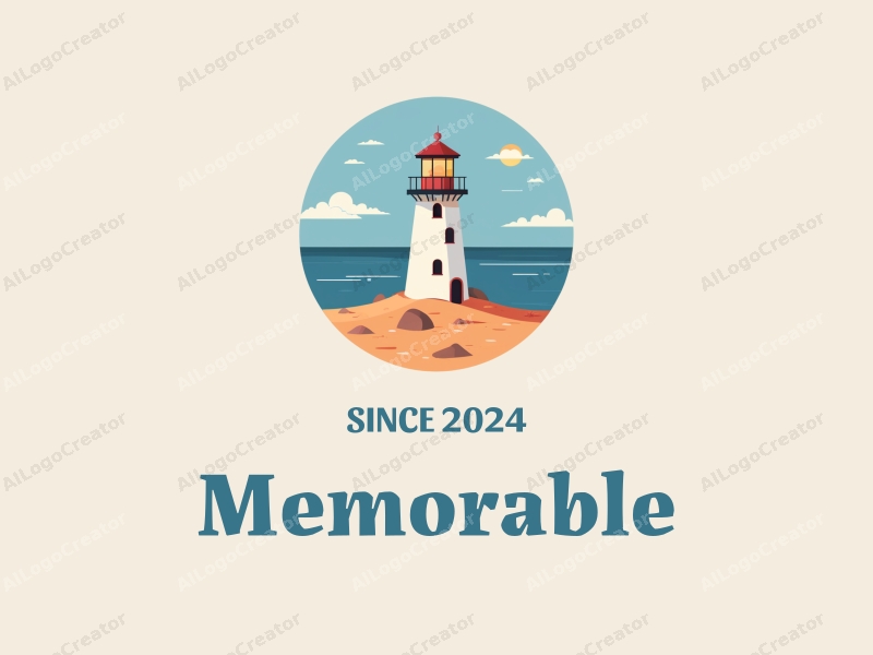 playful design features iconic symbols of memories and ocean elements, including a stylized lighthouse, combined with a clean background in blue and orange colors.