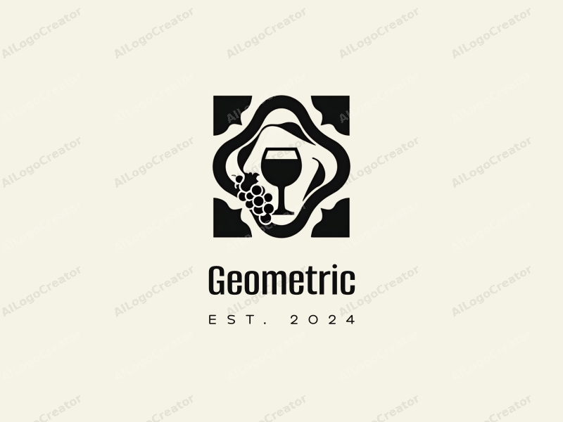 geometric design features a harmonious combination of squares and circles, a stylized wine glass, and grapes, all presented in a clean black and white color scheme.