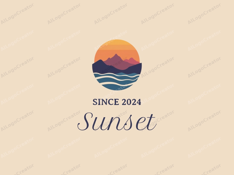 vintage design features a stylized sunset over mountains, with gentle waves in the foreground, using a harmonious blend of orange and purple colors against a clean background.