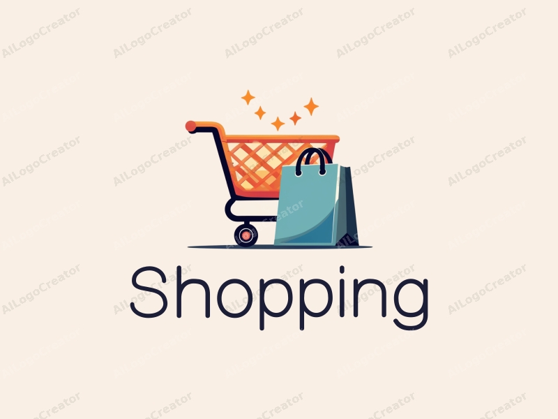 a modern design featuring a colorful shopping cart and shopping bag, combined with a stylized mall silhouette, set against a clean background.