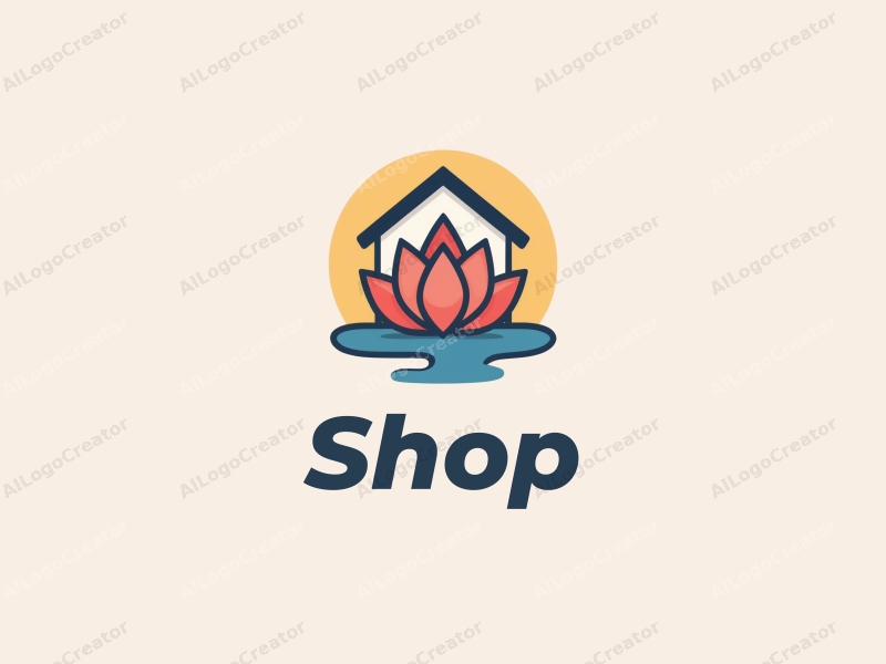 a modern design featuring a stylized shop and store silhouette, combined with elements of water and a lotus flower, using a clean and simple composition.