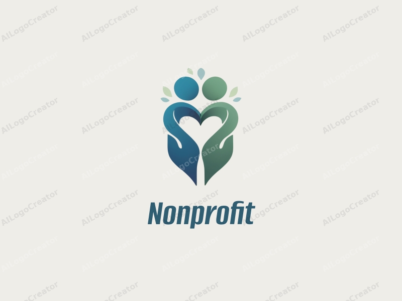 modern design features a stylized heart and embracing figures representing charity and volunteerism, combined with a clean background in blue and green tones.