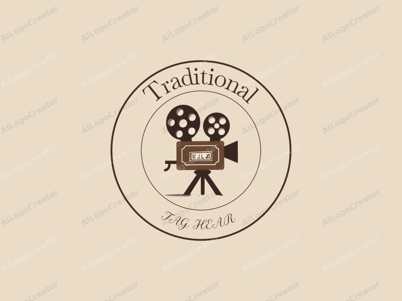 vintage design features traditional elements like a film reel and a projector, combined with a warm brown and beige color palette, set against a clean background.