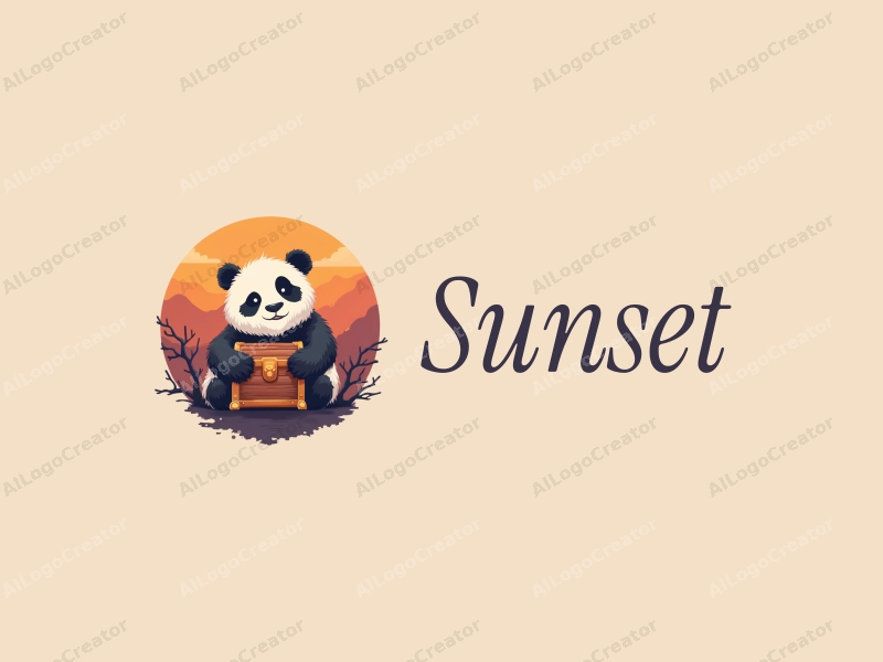 vintage design features a stylized panda holding a treasure chest against a backdrop of a sunset landscape, with warm orange and purple hues creating a harmonious and clean composition.