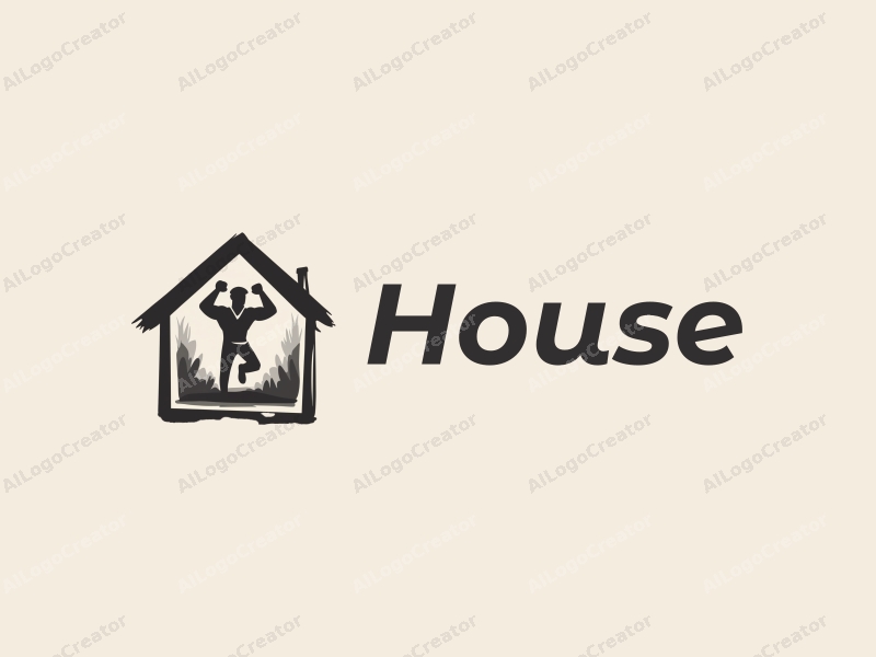 a modern design featuring a stylized house, a strong person holding a microphone, combined with a clean background and harmonious composition.