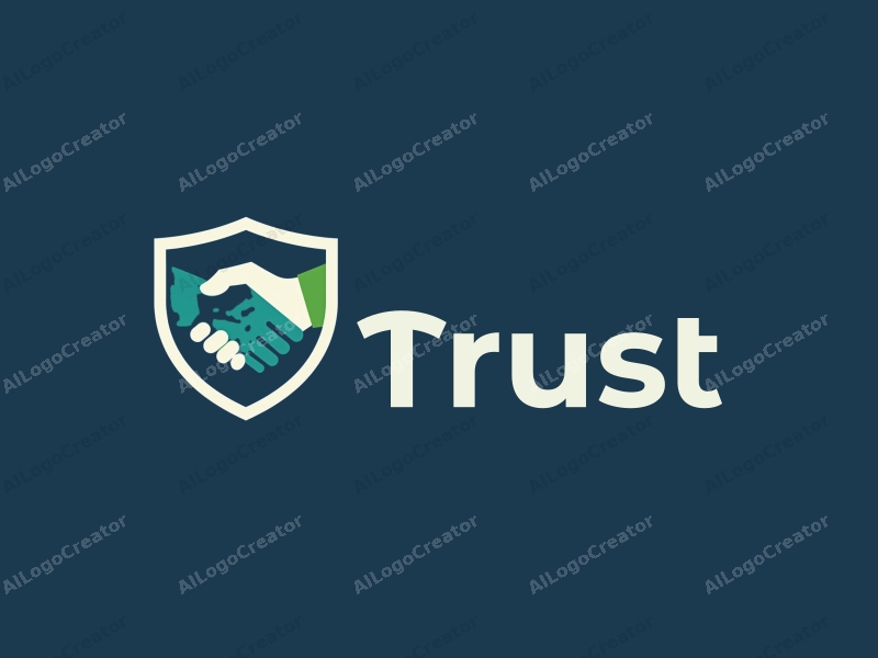 modern design features a stylized shield and handshake, symbolizing trust and safety, combined with a clean background in blue and green tones.