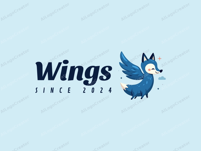 playful design features a stylized fox with wings, soaring through the sky, incorporating a vibrant blue color palette, combined with a clean and simple background.