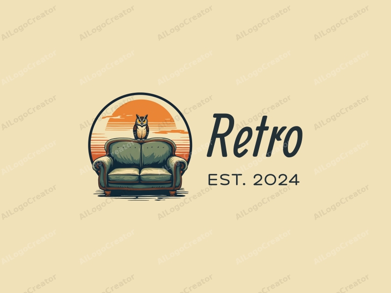 vintage design features a retro sofa and a retro poster, combined with an owl and a circle, creating a harmonious and clean composition.