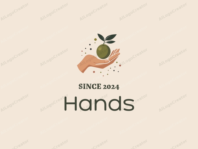 a modern design featuring a hand gripping an olive, complemented by dots, using skin tone colors against a clean background.