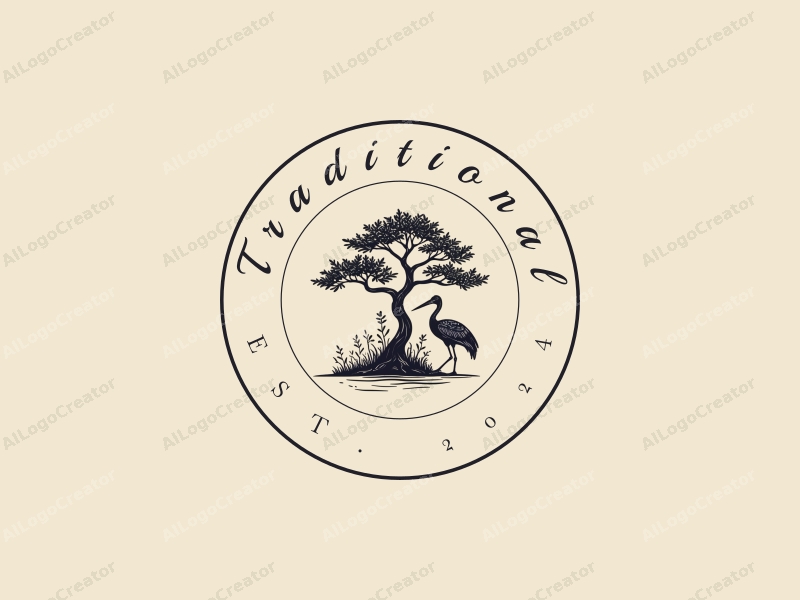 vintage design features a stylized tree and crane, incorporating traditional and classic elements with a harmonious composition on a clean background.