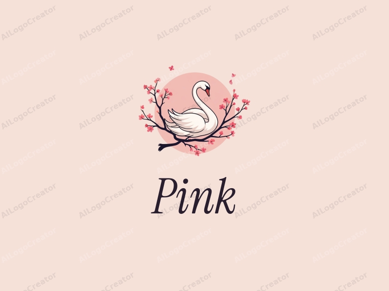 minimalist design features delicate cherry blossoms intertwined with a graceful swan silhouette, combined with a clean background.