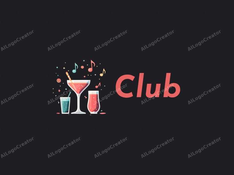 a modern minimalist design featuring a stylized club scene with abstract musical notes and drink elements, combined with a clean black background.