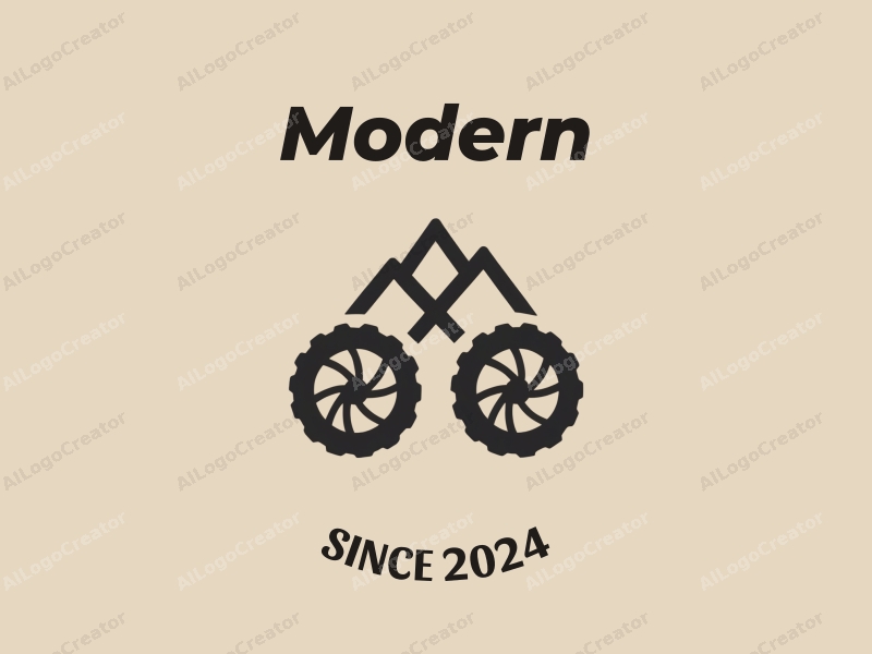 a modern minimalist design featuring stylized mountains and wheels, combined with a clean background and innovative design approach.