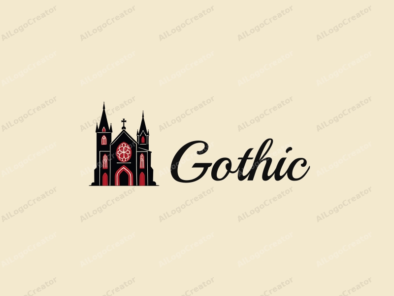 Gothic design features pointed arch windows and flying buttresses, combined with a bell tower and rose window, using a black and deep red color palette against a clean background.