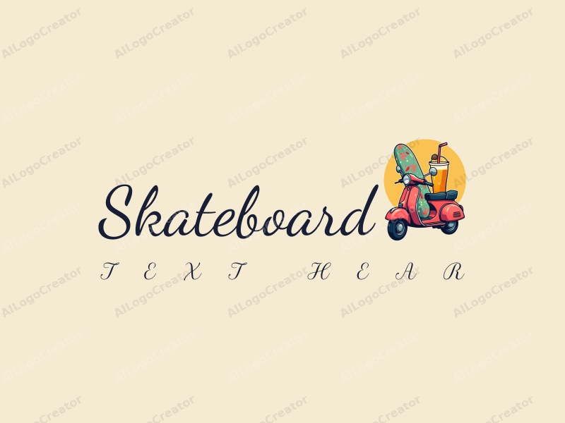 playful design features a vibrant skateboard and scooter intertwined with a refreshing beverage, combined with a clean background.