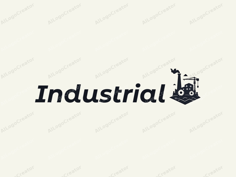 modern design features a stylized factory silhouette, interlocking gears, and a crane, combined with a clean background.