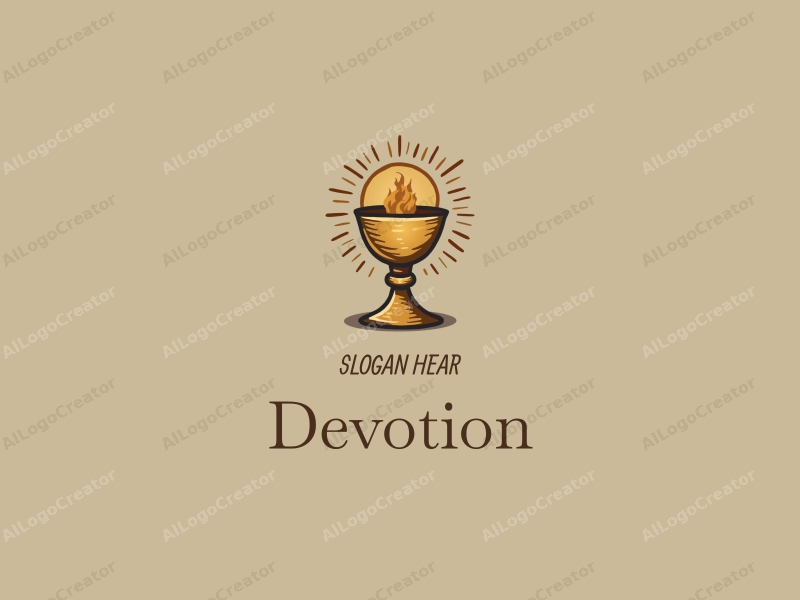 vintage design features a stylized chalice and halo, symbolizing faith and prayer, combined with a golden color palette and a clean background.