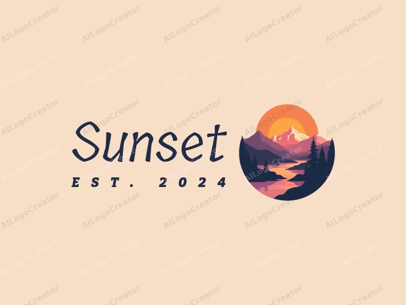 vintage design features a stylized sunset over mountains and lakes, with a harmonious blend of orange and purple colors, creating a serene and artistic atmosphere.