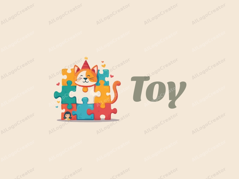 playful design features colorful puzzle pieces, a stylized cat, and doll elements combined with a clean background.