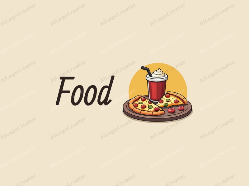 a modern design featuring a vibrant pizza slice and a refreshing beverage, combined with a clean background and a playful arrangement of food elements.