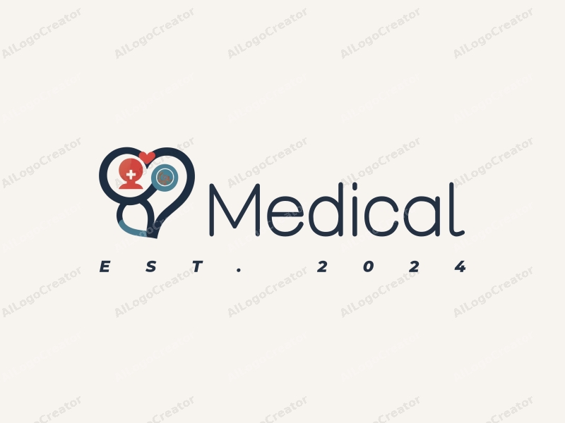 modern design features a stylized hospital silhouette, a doctor figure, a stethoscope intertwined with a heart, combined with a clean background.