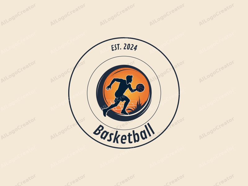 playful design features a stylized basketball, an athlete in motion, and a basketball court background combined with a clean and simple layout.