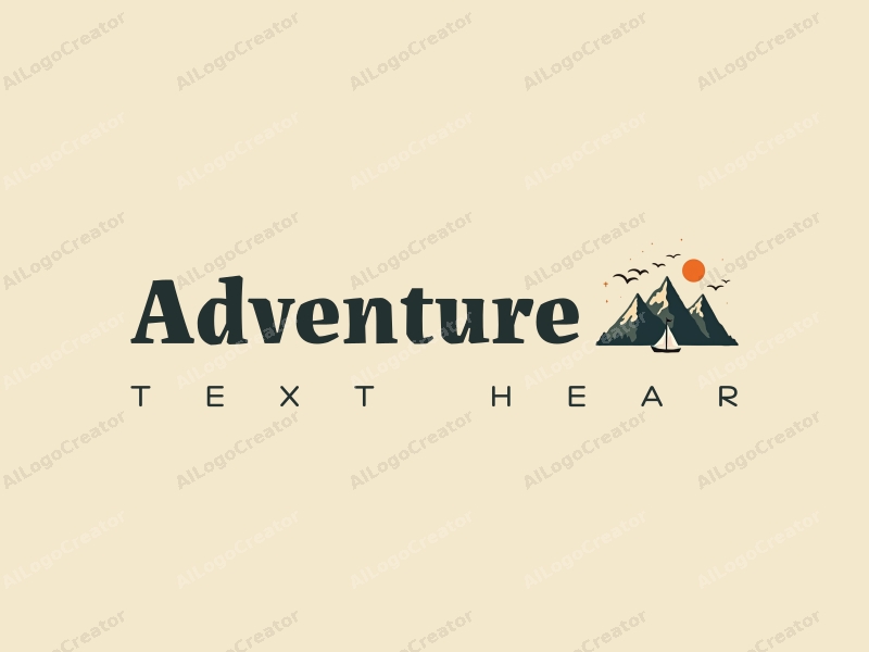 playful design features stylized mountains and sailing elements, combined with adventure and exploration themes, set against a clean background.