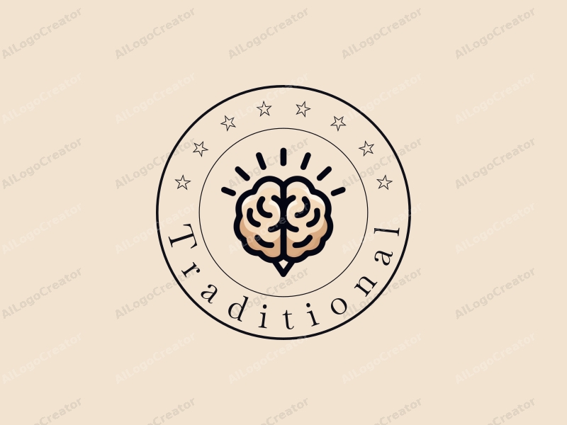 vintage design features traditional craftsmanship symbols, a stylized brain with a halo, combined with a clean background.