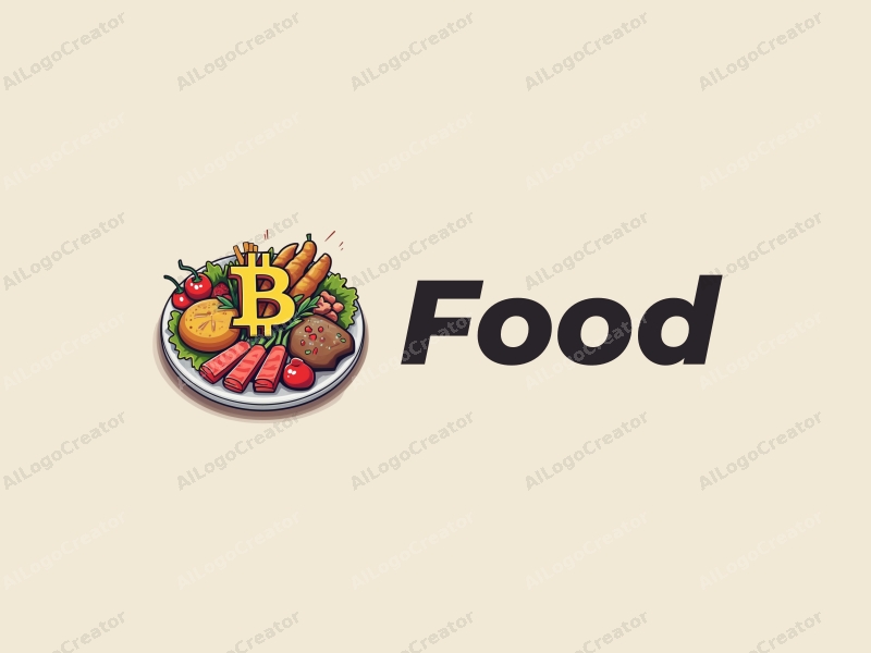 a modern design featuring a vibrant food plate with various delicious dishes, incorporating bitcoin symbols creatively within the food elements, set against a clean background.