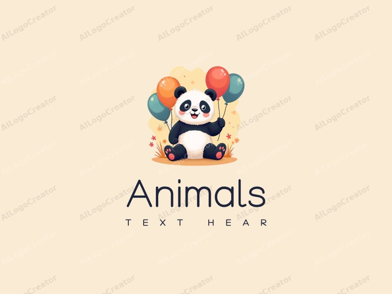 playful design features a stylized giant panda surrounded by colorful balloons, incorporating a whimsical and cheerful atmosphere with a clean background.