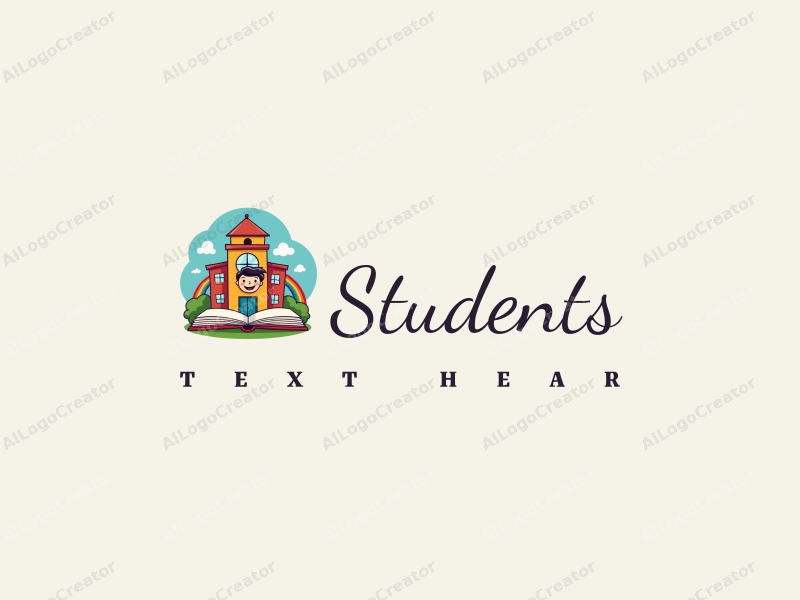 playful design features a cheerful student character, a stylized school building, an open book, and a vibrant rainbow, combined with a clean background.