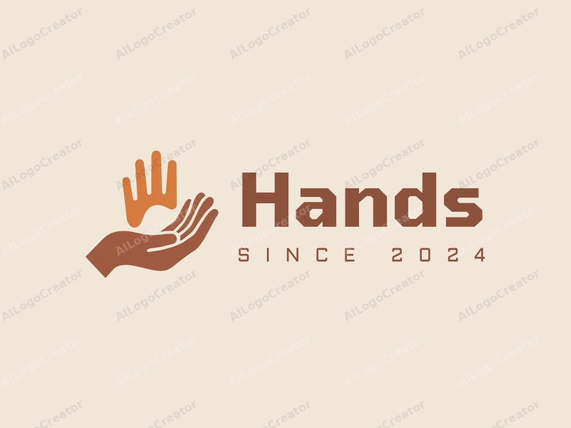 a modern design featuring a stylized hand grasping and connecting with a palm, using skin tone colors, combined with a clean background.