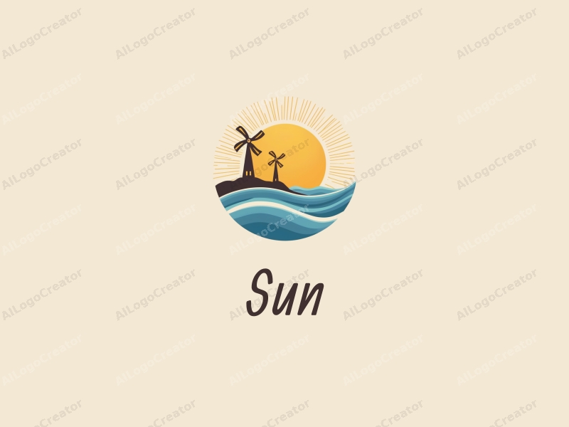 playful design features a bright sun radiating light, a whimsical windmill, and gentle ocean waves, combined with a clean background.