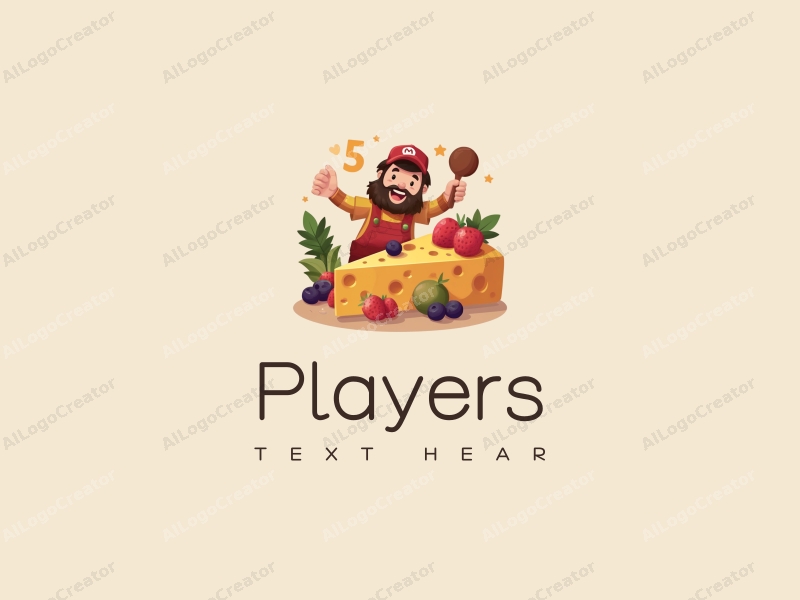 playful design features a vibrant player character interacting with whimsical fruits and cheese elements, combined with a clean background.