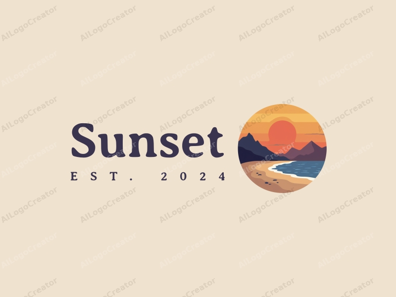 vintage design features a stylized sunset over a beach with mountains in the background, using a harmonious blend of orange and purple colors, combined with a clean and simple layout.