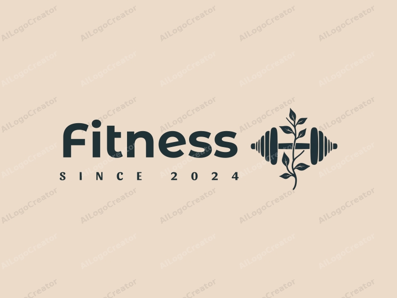 a modern design featuring stylized dumbbells intertwined with vines, creating a harmonious and clean composition with a focus on fitness and movement.