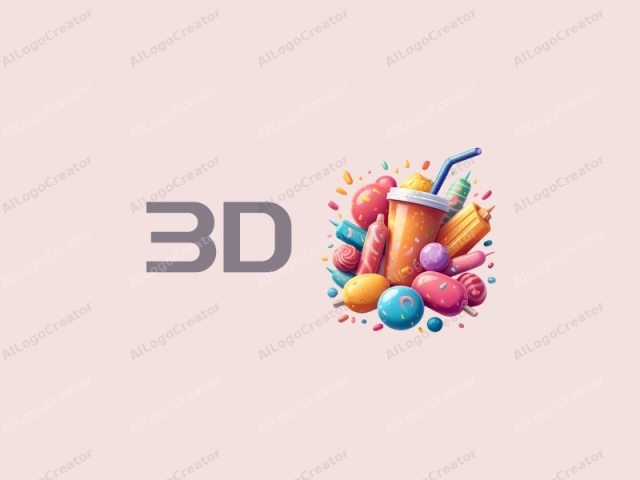 一個充滿活力和趣味的設計，以糖果和飲料的3D動態形狀為特色，採用現代和多彩的方法，背景乾淨。