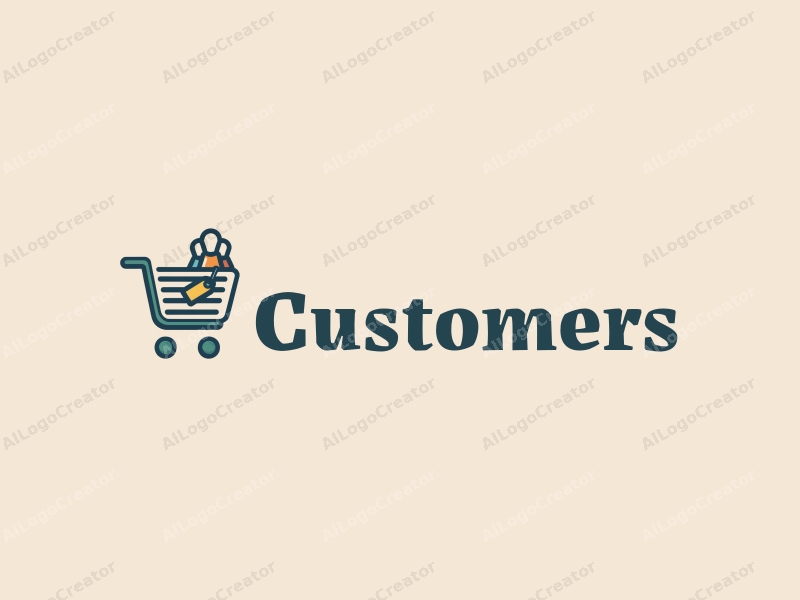 modern design features a stylized shopping cart and tag, with abstract representations of customers and shoppers, combined with a clean background.