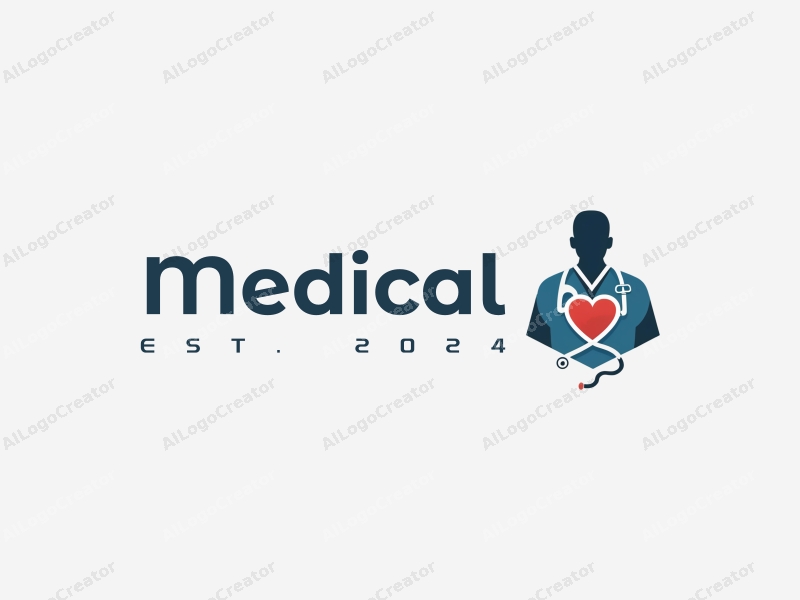 modern design features a stylized hospital silhouette, a doctor figure, a stethoscope intertwined with a heart, combined with a clean background.