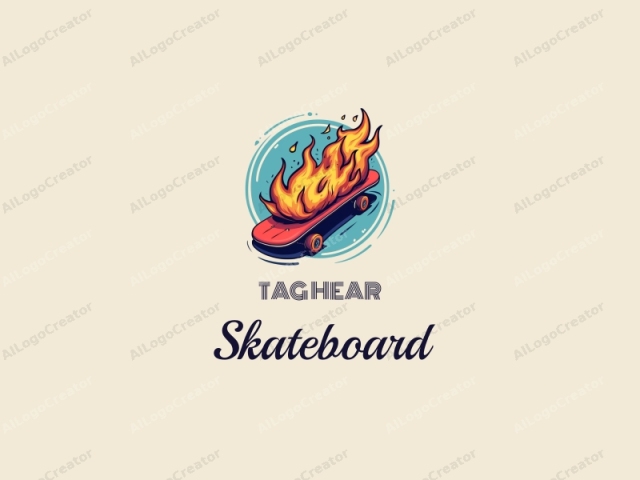 ein spaßiges Design, das ein lebhaftes Skateboard mit dynamischen Flammen zeigt, kombiniert mit einem lustigen und energetischen Ansatz und einem sauberen Hintergrund.