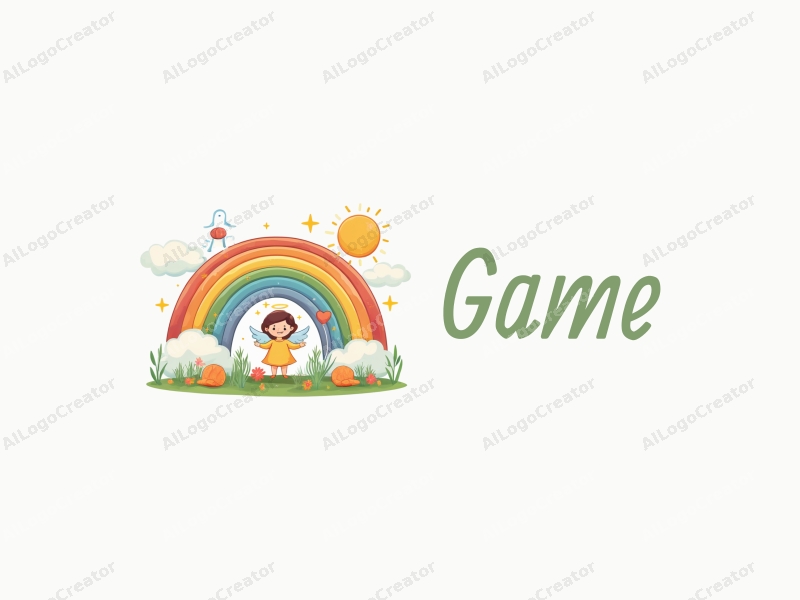 playful design features whimsical toys, a stylized angel, and a vibrant rainbow, combined with a clean background.