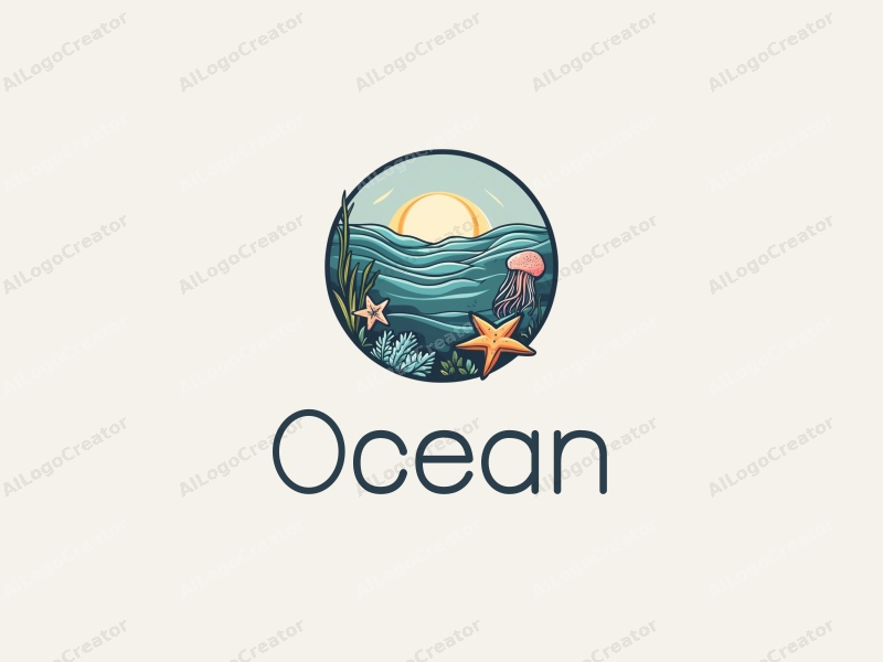 a modern design featuring ocean waves, stylized marine life including a starfish and jellyfish, combined with a clean background and a harmonious composition.